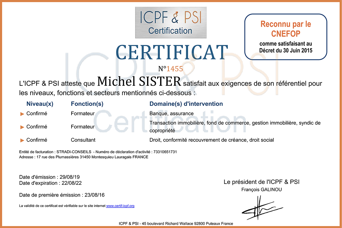 Certificat ICPF & PSI Michel Sister Stradi Conseils